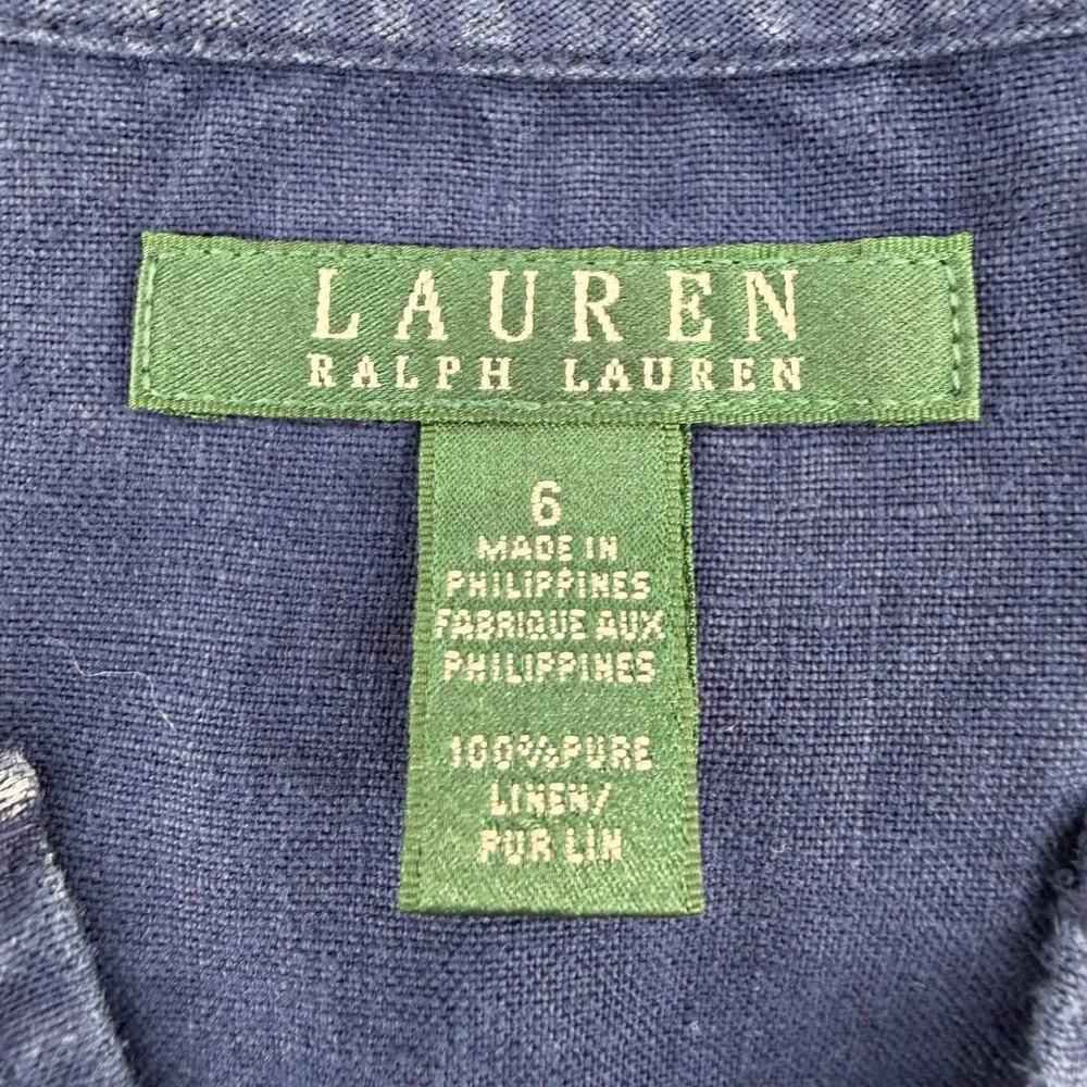 Lauren Ralph Lauren 100% Linen Blue Shift Dress Pockets‎ Short Sleeve Size 6